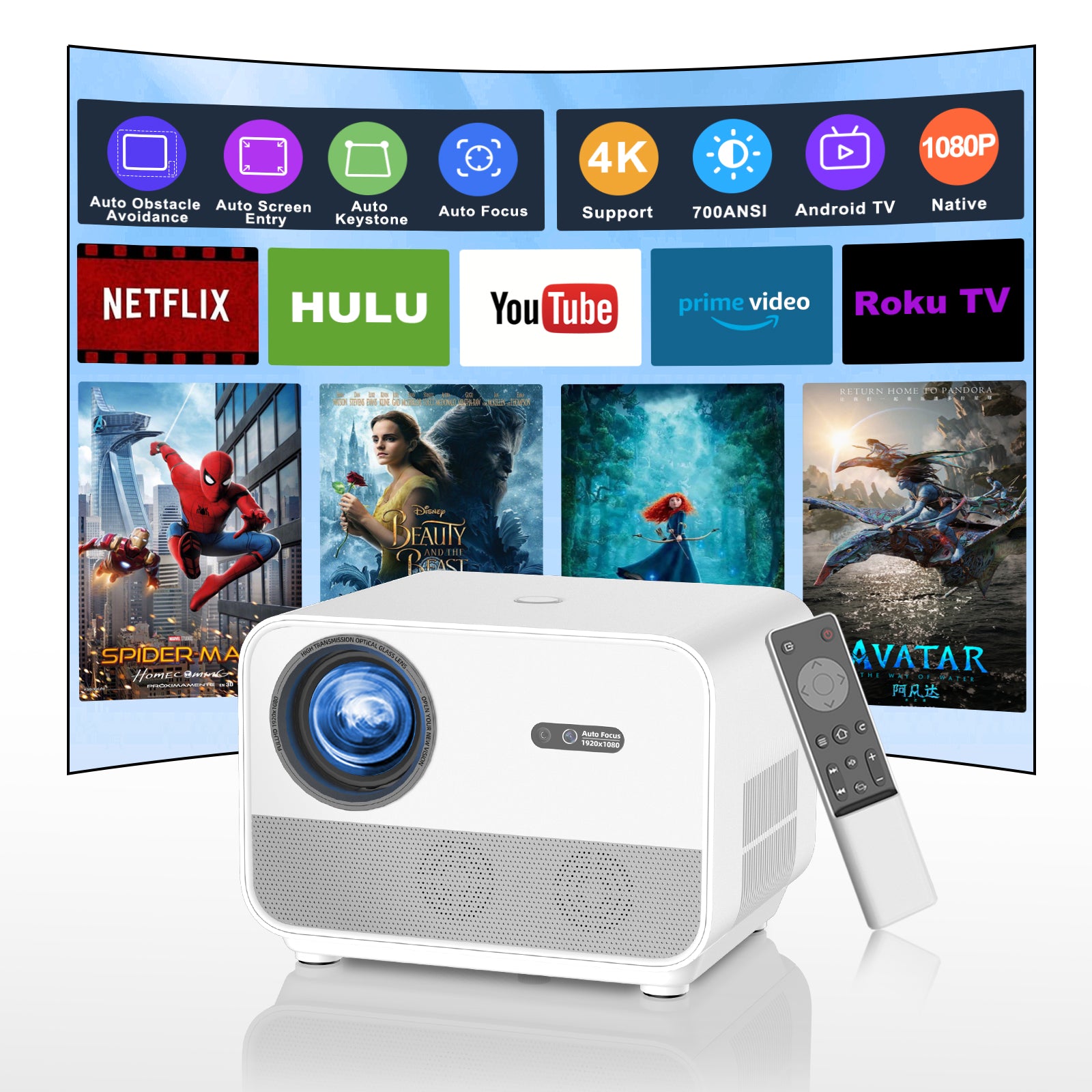 【Four Autos&App Store】FunFlix A1 Android TV Projector 4K with WiFi and Bluetooth,Smart Projector with Auto Focus&Keystone&Screen Entry&Obstacle Avoidance,700 ANSI Outdoor Projector with Apps Built in