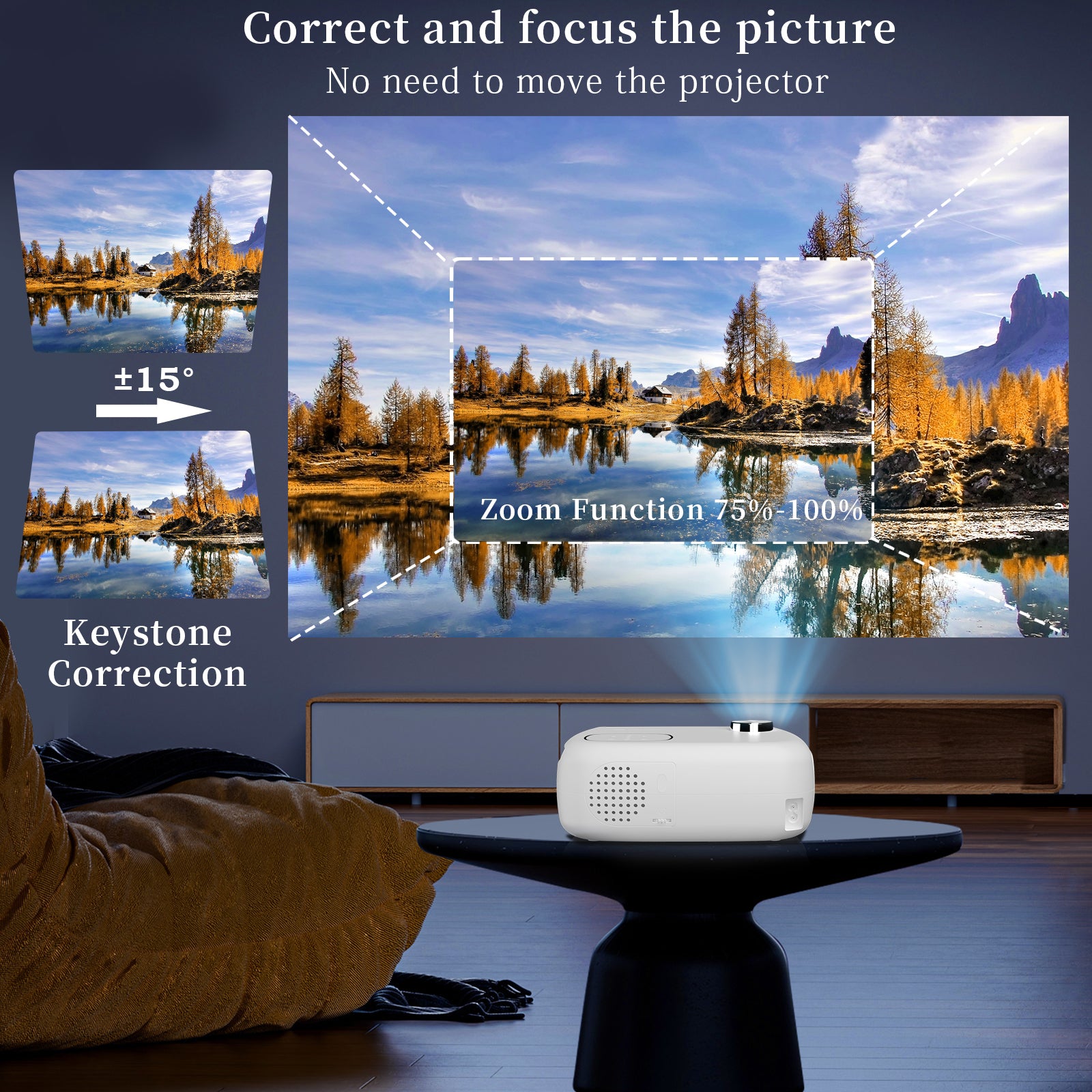 Portable Video Projector 1080P Full HD Compatible with Full HD 1080P HDMI, VGA, USB, AV, TV Stick, Laptop, Smartphone